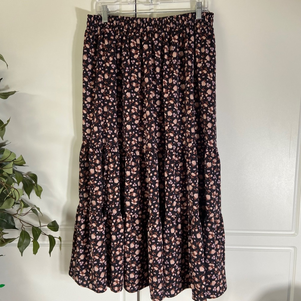 Unbranded Floral Tiered Maxi Skirt Black Pink Boho Smocked Waist Plus Size 5XL